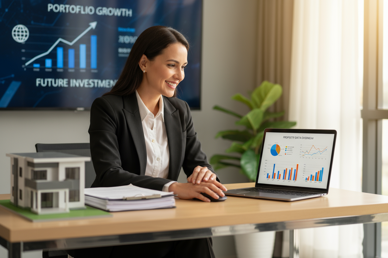 “A confident real estate investor sitting at a modern desk reviewing property data on a laptop, smiling with satisfaction. Background includes real estate charts, a small house model, and contract papers. Warm tone, motivational startup energy, professional photography style.”