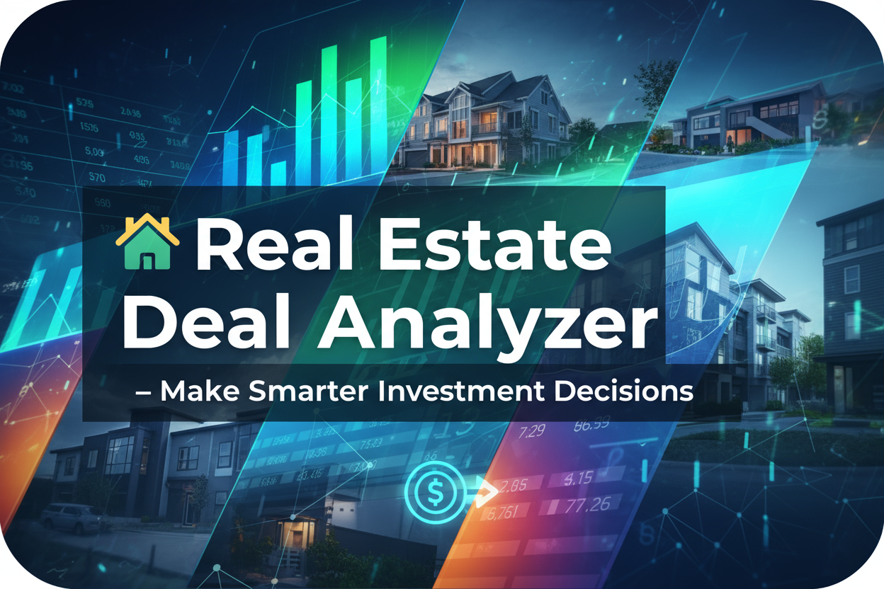 “Bold product promo graphic for social media featuring text overlay: ‘🏡 Real Estate Deal Analyzer – Make Smarter Investment Decisions’. Background of charts, spreadsheets, and real estate photos blended together with clean typography and a modern, financial-tech vibe.”