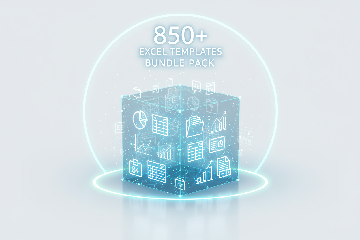 “Bundle pack concept — over 850 Excel templates displayed as a digital package, glowing icons of spreadsheets, data charts, and folders — white background, professional look.”