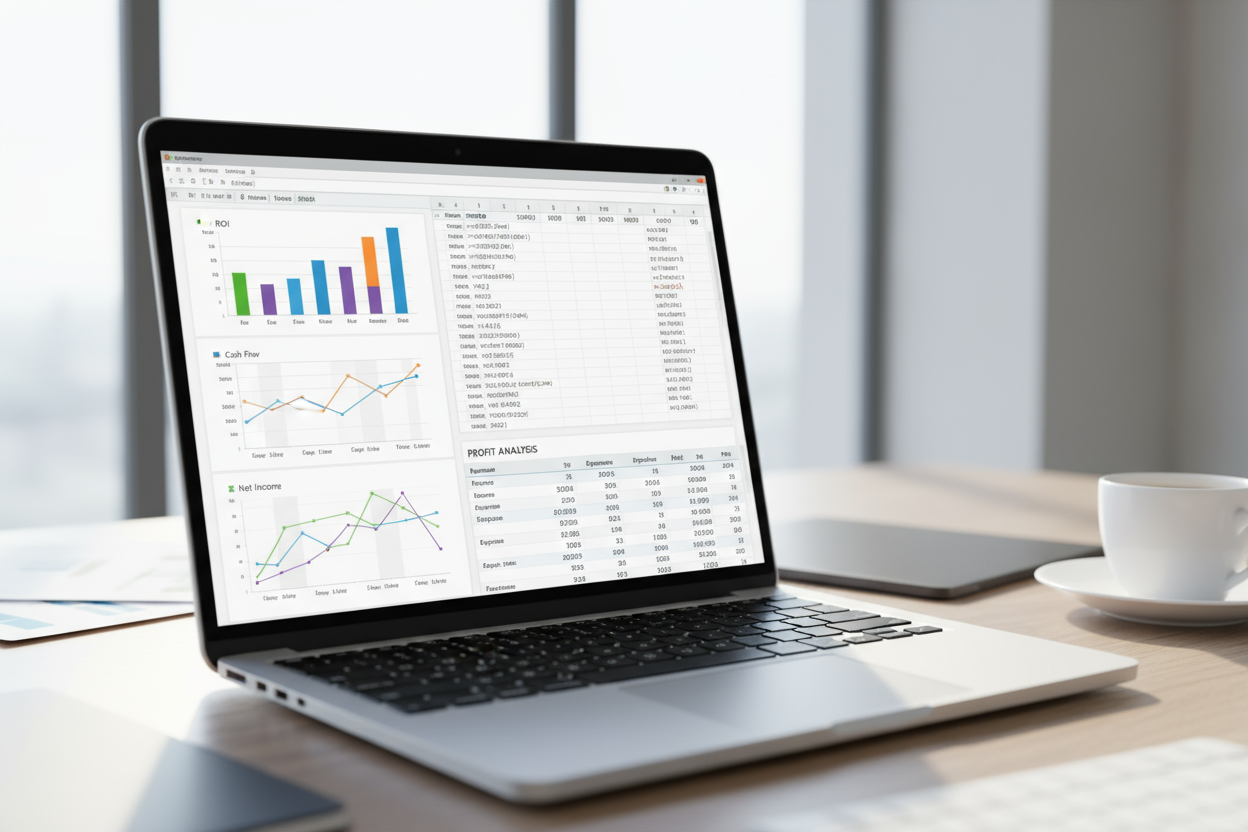 “Close-up of an Excel spreadsheet on a laptop screen with graphs, formulas, and profit analysis charts labeled ROI, Cash Flow, Cap Rate, and Net Income. Background blurred, professional workspace aesthetics, bright daylight, business look.”