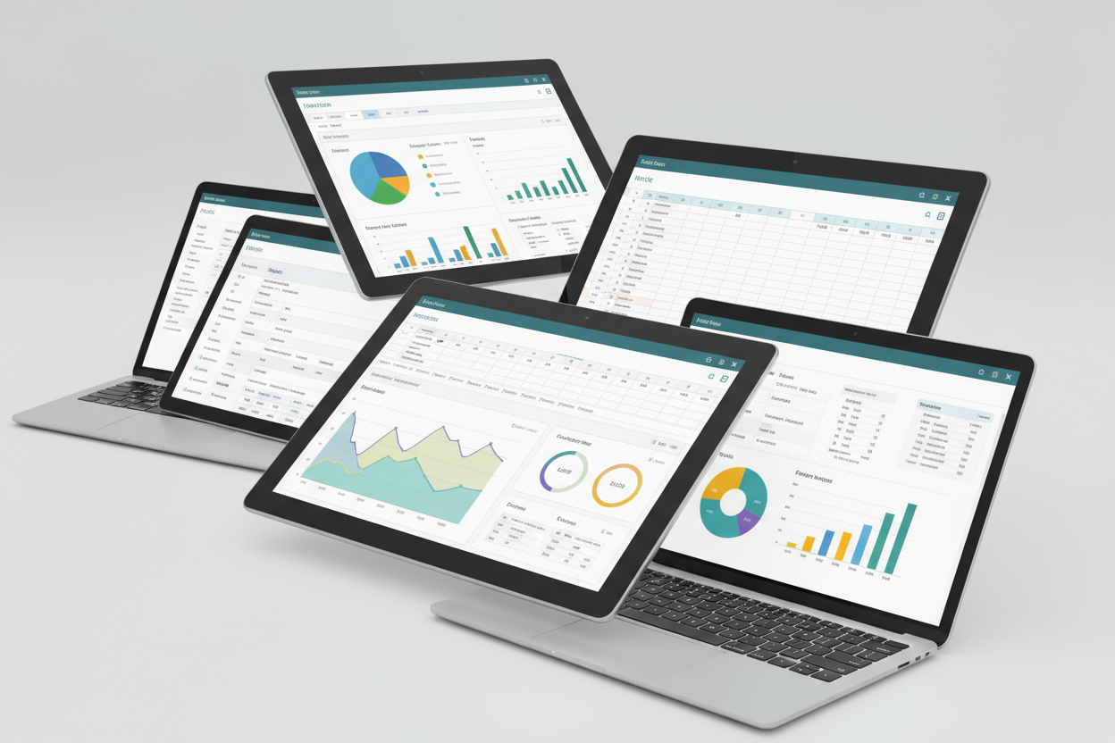 “Collage of multiple Excel templates: budget trackers, invoice sheets, dashboards, charts — presented as overlapping digital mockups on tablets and laptops, modern tech style.”