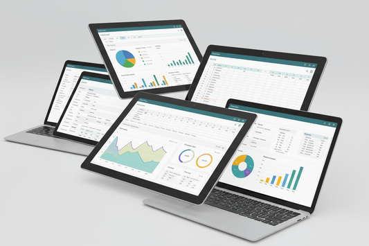“Collage of multiple Excel templates: budget trackers, invoice sheets, dashboards, charts — presented as overlapping digital mockups on tablets and laptops, modern tech style.”