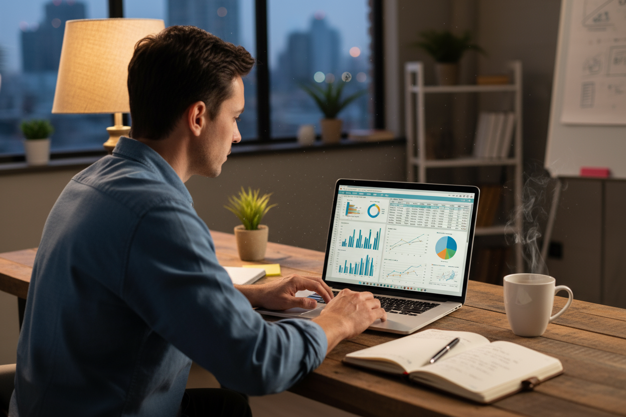 “Entrepreneur analyzing Excel dashboards on a laptop at a desk, with coffee cup and notebook beside them — soft lighting, productivity atmosphere.”