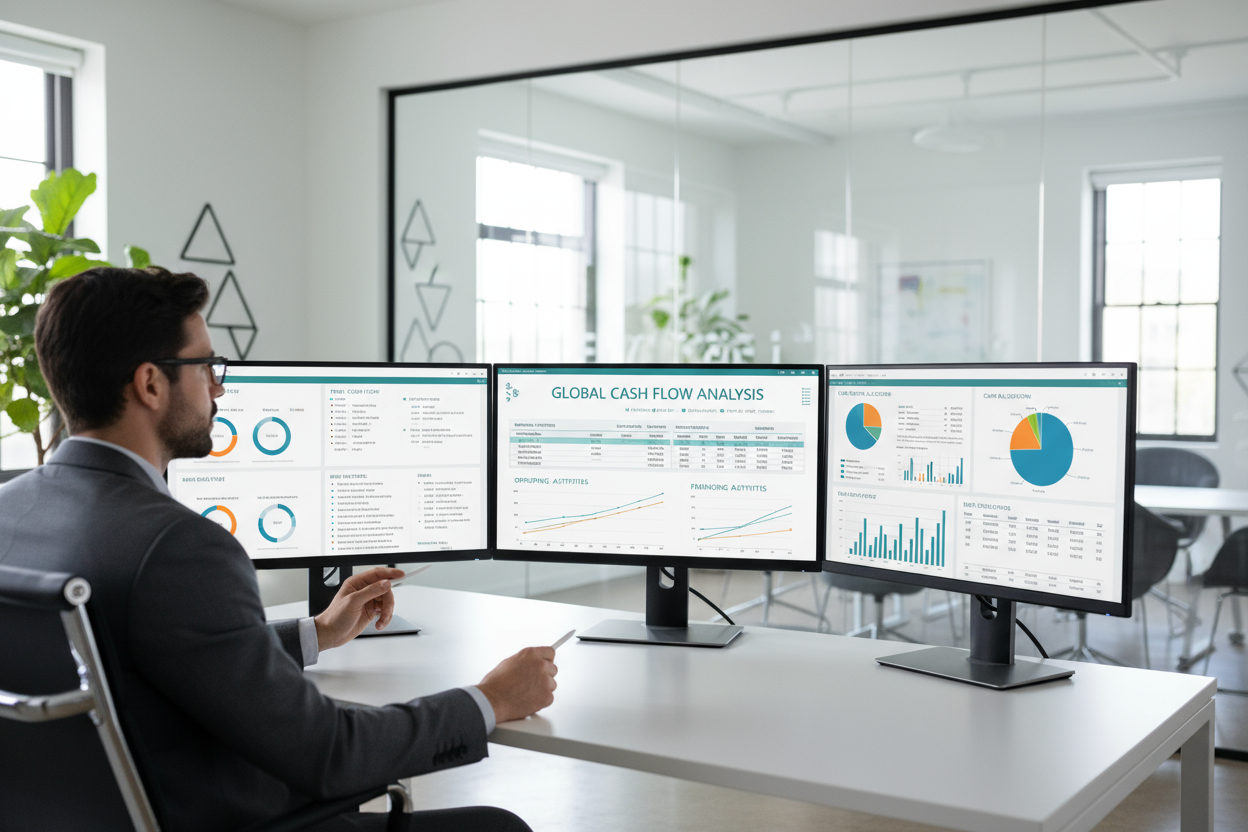 Finance Templates: “Financial analyst reviewing cash flow statements in Excel dashboard, modern office setting.”