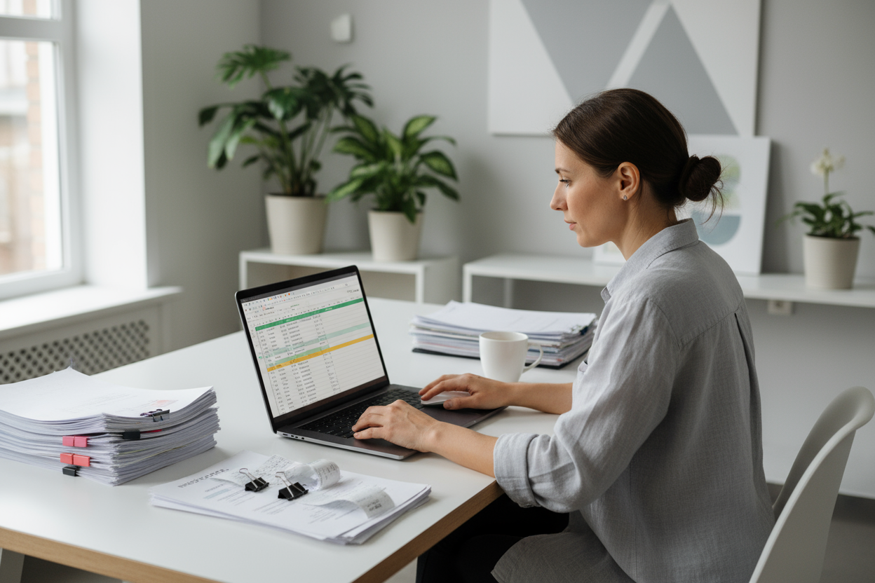 “Small business owner working on Excel budget planner, surrounded by invoices and receipts, modern clean aesthetic.”